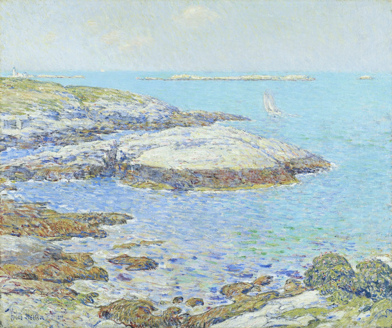 Isles of Shoals by Childe Hassam: pale granite rocks running out into a blue-green sea, a small sail and distant islands