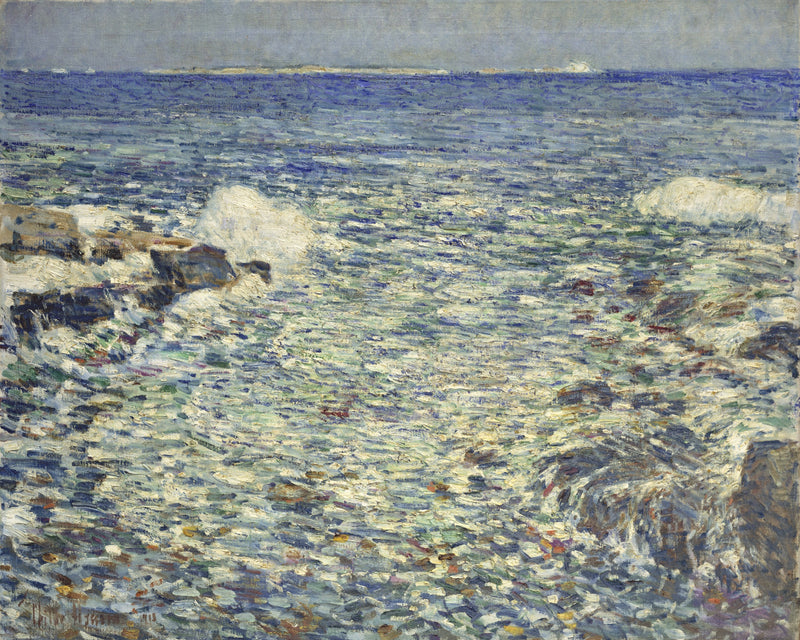 Surf, Isles of Shoals by Childe Hassam: white spray breaking over dark rocks, a wide sparkling blue sea, a pale horizon