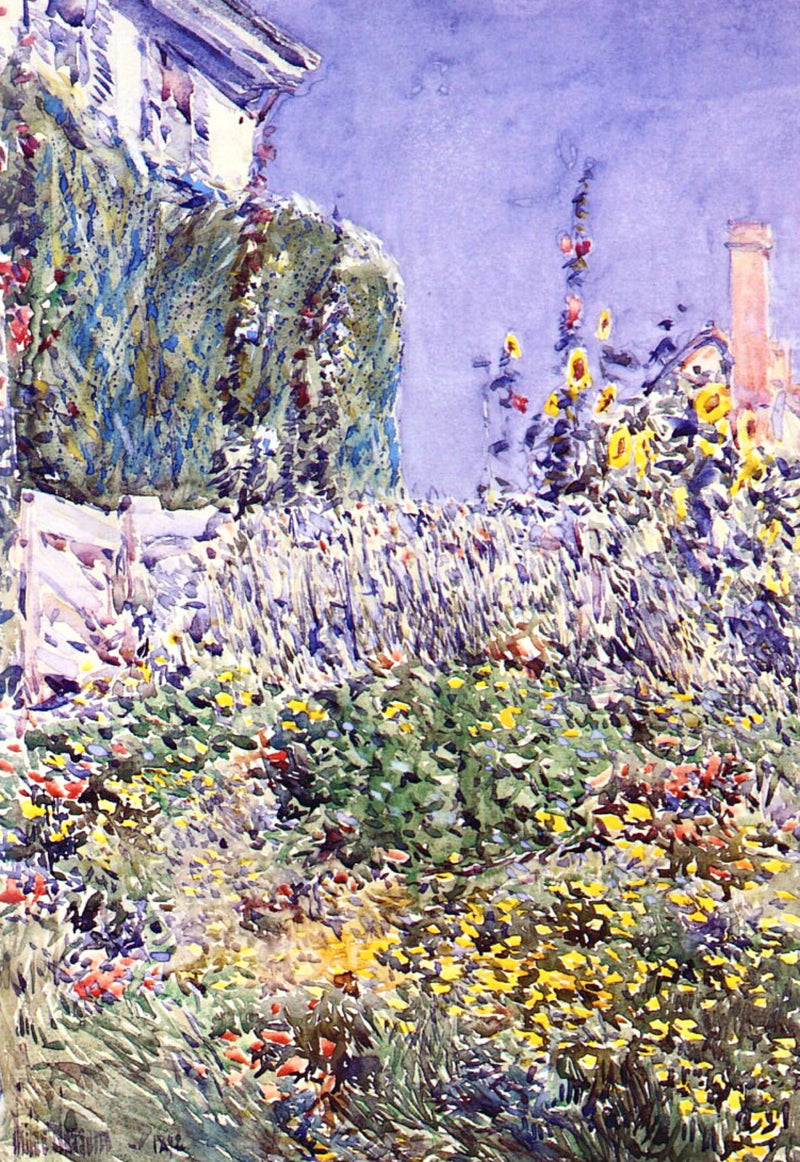 Thaxter’s Garden by Childe Hassam: tall summer flowers and a white picket fence before a house under a violet sky