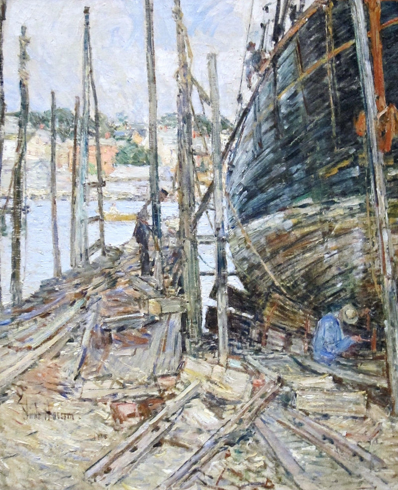 The Caulker by Childe Hassam: a tall wooden ship’s hull on the right, a workman among timbers and poles, water beyond
