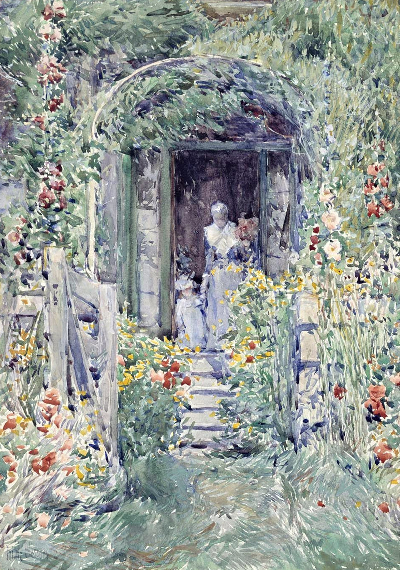 The Garden in Its Glory by Childe Hassam: a rose-covered arch over a doorway, figures in white, poppies and hollyhocks