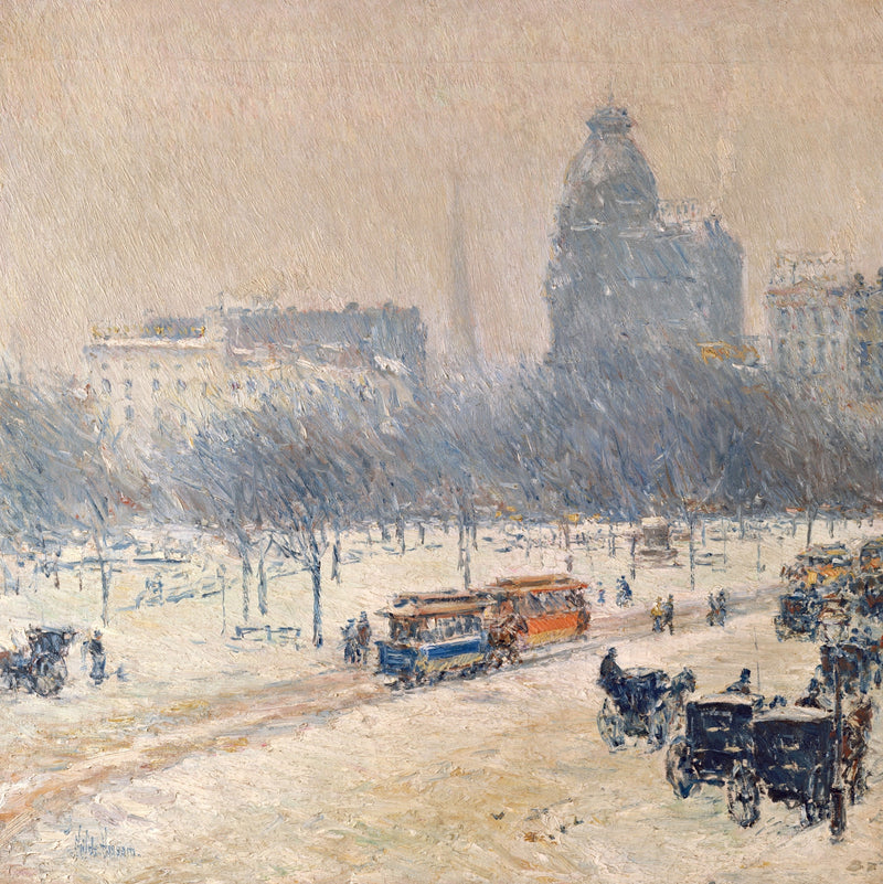 Winter in Union Square by Childe Hassam: a snowy New York square with a horse-drawn trolley and carriages, buildings in mist