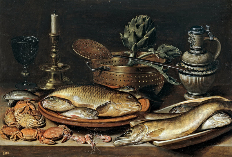 Still Life with Fish and a Candlestick by Clara Peeters: carp, fish and crabs on a table with a candlestick and an artichoke