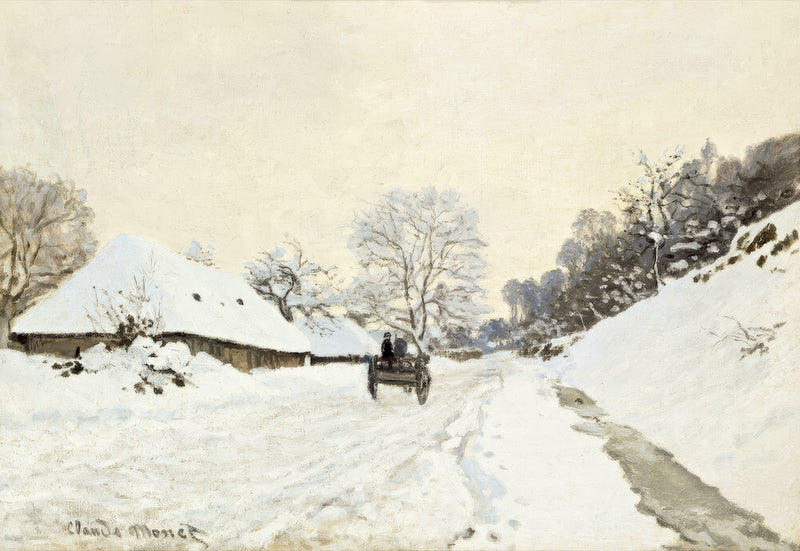 A Cart on the Snowy Road at Honfleur by Claude Monet: a small horse-drawn cart on a snowy road between a farm and bare trees
