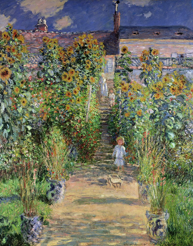 The Artist’s Garden at Vétheuil by Claude Monet: a path of steps between tall sunflowers and blue pots, a small child below