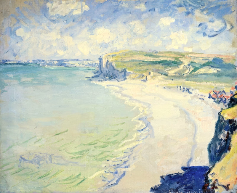 Beach at Pourville by Claude Monet: a pale curving beach and green-blue sea below cliffs, a soft cloudy sky