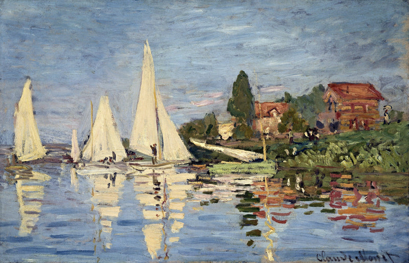 Regatta at Argenteuil by Claude Monet: white sailboats on a blue river, their reflections in quick strokes of colour