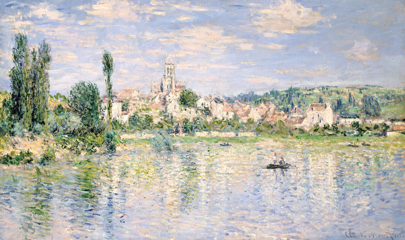 Vétheuil in Summer by Claude Monet: a village and church across the river, reflected in shimmering blue and white water