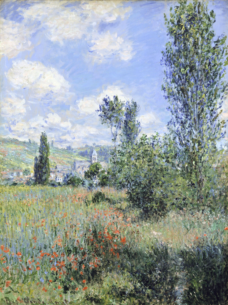 View of Vétheuil by Claude Monet: a path through a red poppy field under tall poplars toward a village church tower