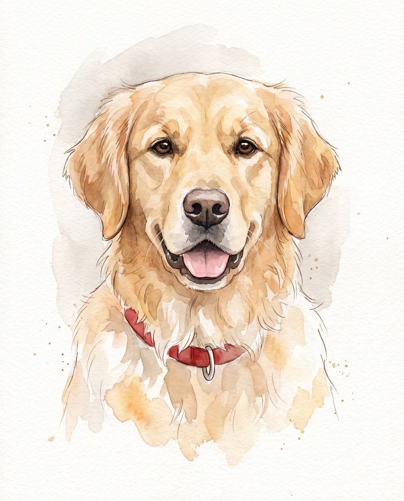 Watercolor portrait of a golden retriever with a red collar