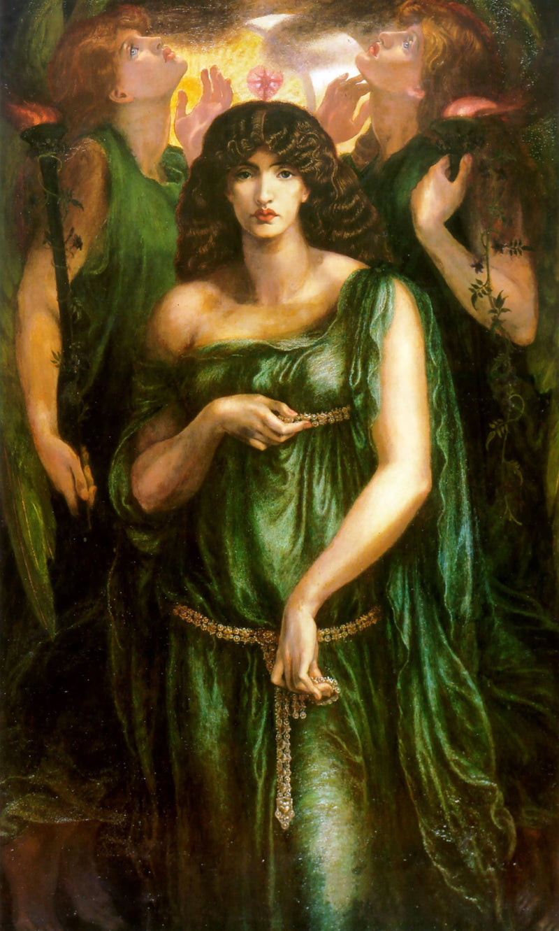 Astarte Syriaca by Dante Gabriel Rossetti: a goddess in a green robe between two winged torchbearers, sun and moon behind