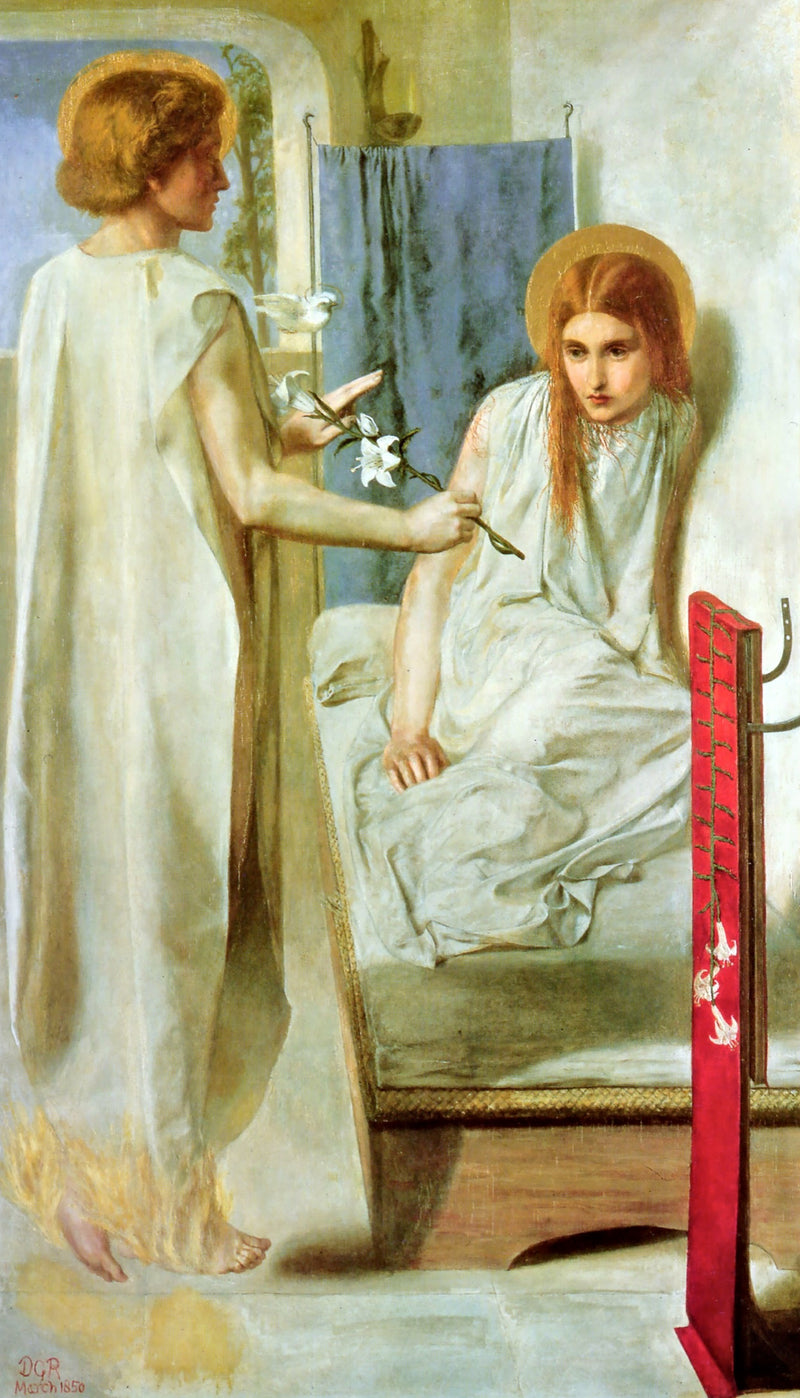 Ecce Ancilla Domini! by Rossetti: a red-haired girl in white sits up in bed as a white-robed angel holds out a lily