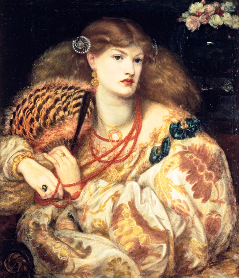 Monna Vanna by Rossetti: a red-haired woman in a white and gold brocade gown holds a feather fan, red coral beads