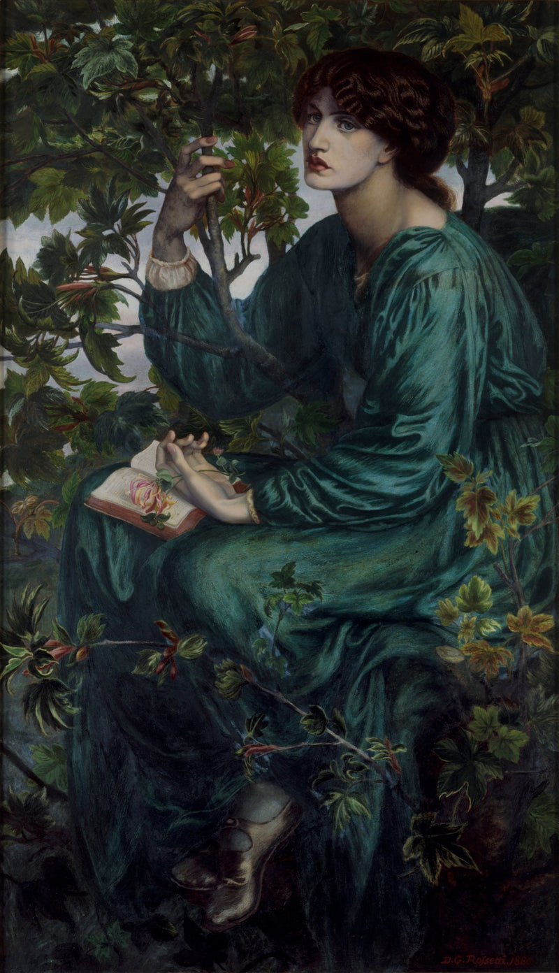 The Day Dream by Dante Gabriel Rossetti: a dark-haired woman in green sitting in a sycamore, honeysuckle in her hand