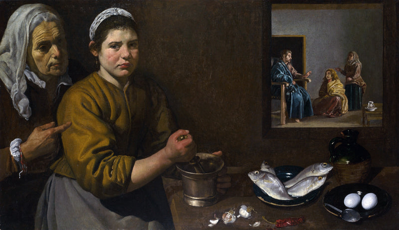Martha and Mary by Velázquez: a maid with a mortar beside fish and eggs, an old woman behind, Christ seen through a hatch
