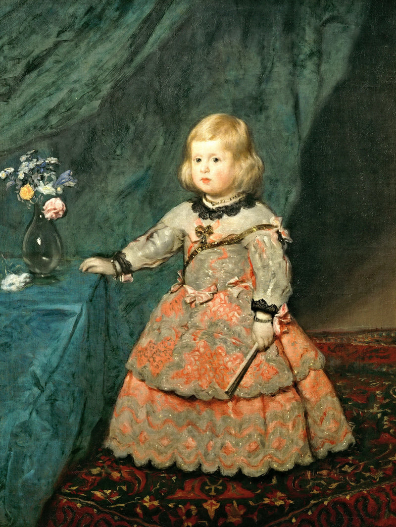 Infanta in a Peach Dress by Velázquez: a small girl in pink and silver beside a table with a vase of flowers
