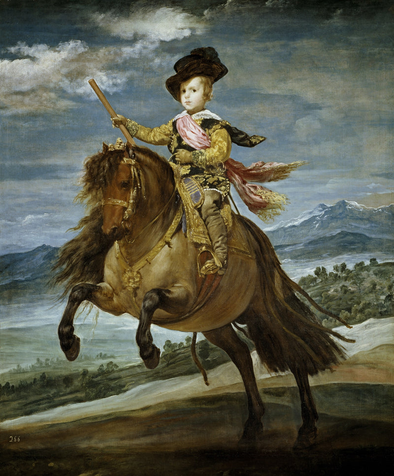 Prince Balthasar Charles by Diego Velázquez: a small boy in gold and a black hat on a rearing pony, blue mountains behind