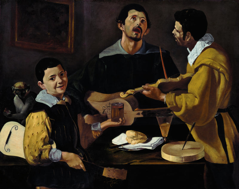 Three Musicians by Velázquez: two men singing with stringed instruments at a table of bread and cheese, a boy with a glass
