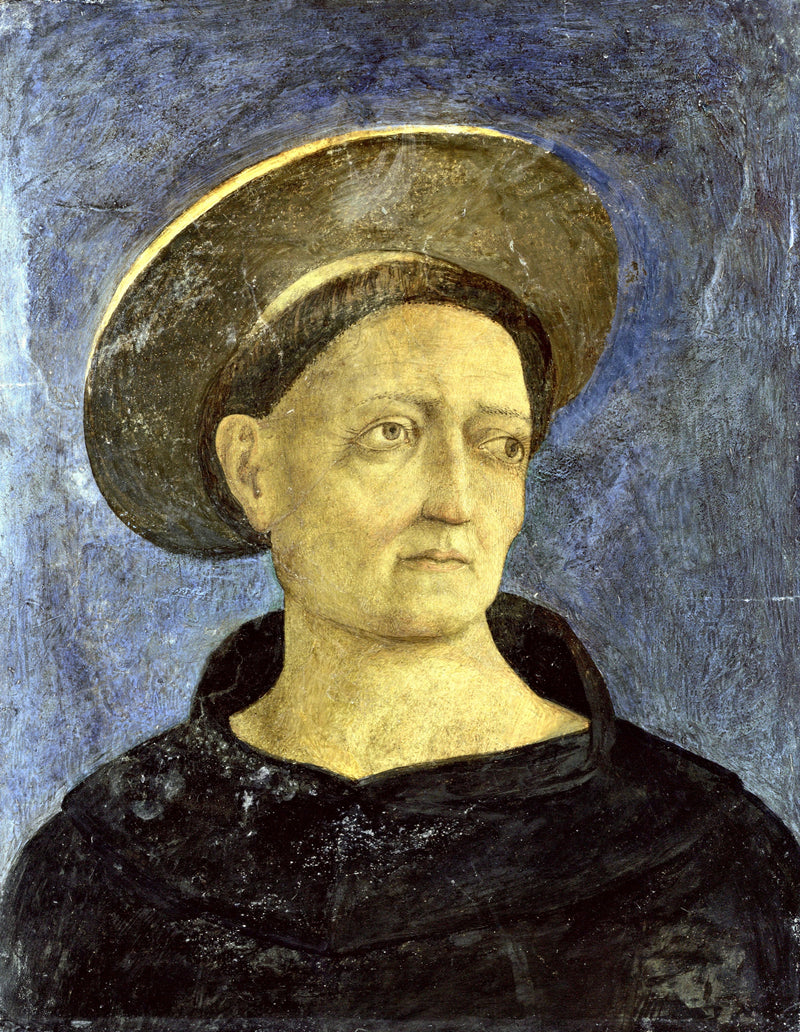 Head of a Beardless Saint by Domenico Veneziano: a friar in a dark robe with a gold halo tilted on his head, on blue
