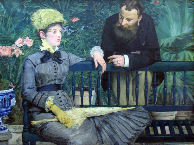 In the Conservatory by Édouard Manet: a woman in grey on a green bench, a bearded man leaning behind her among plants