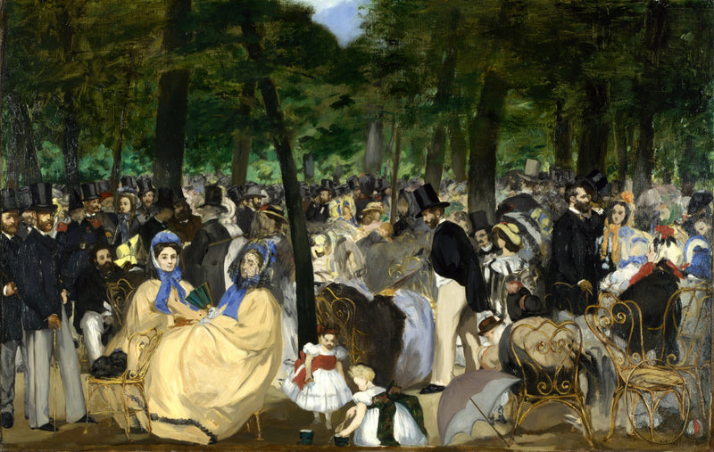 Music in the Tuileries by Édouard Manet: a crowd of men in top hats and women in bonnets under tall trees in a Paris garden