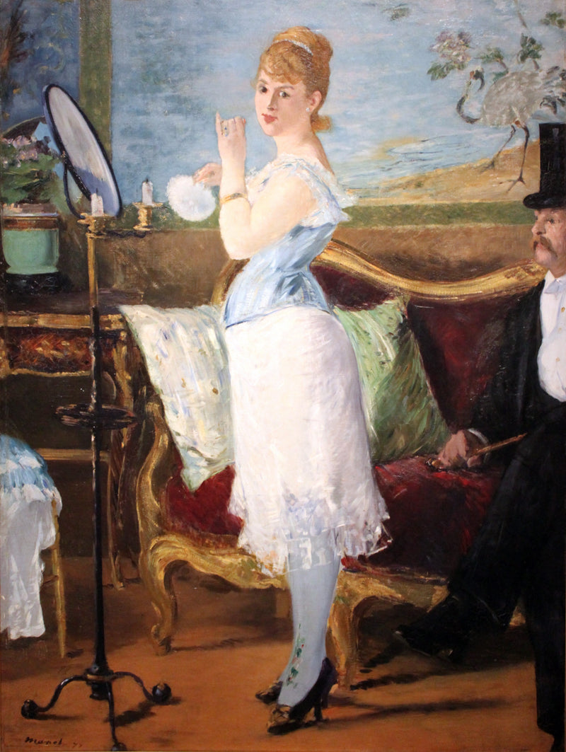 Nana by Édouard Manet: a young woman in a blue corset and white petticoat at a mirror, a man in a top hat seated on a sofa