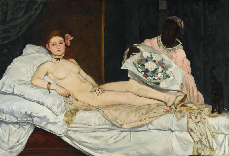 Olympia by Édouard Manet: a nude woman on white sheets, a maid with flowers behind her, a black cat at the foot of the bed