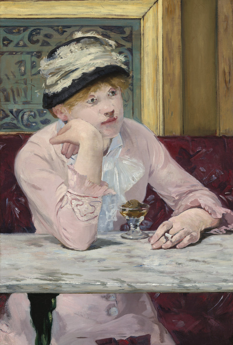 Plum Brandy by Édouard Manet: a young woman in pink and a black hat at a marble café table, a plum in a glass