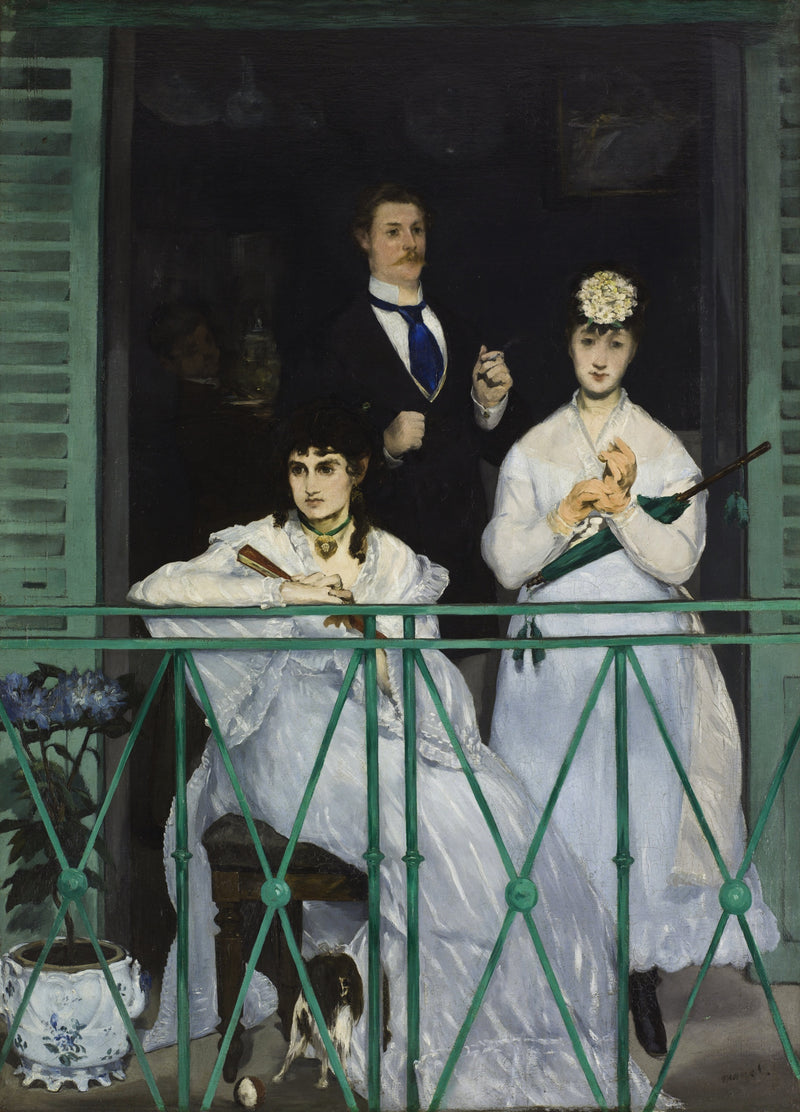 The Balcony by Édouard Manet: two women in white and a man in black behind bright green railings, a dark room behind