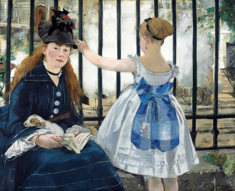 The Railway by Édouard Manet: a woman in blue with a book and puppy by an iron railing, a girl in white watching steam beyond