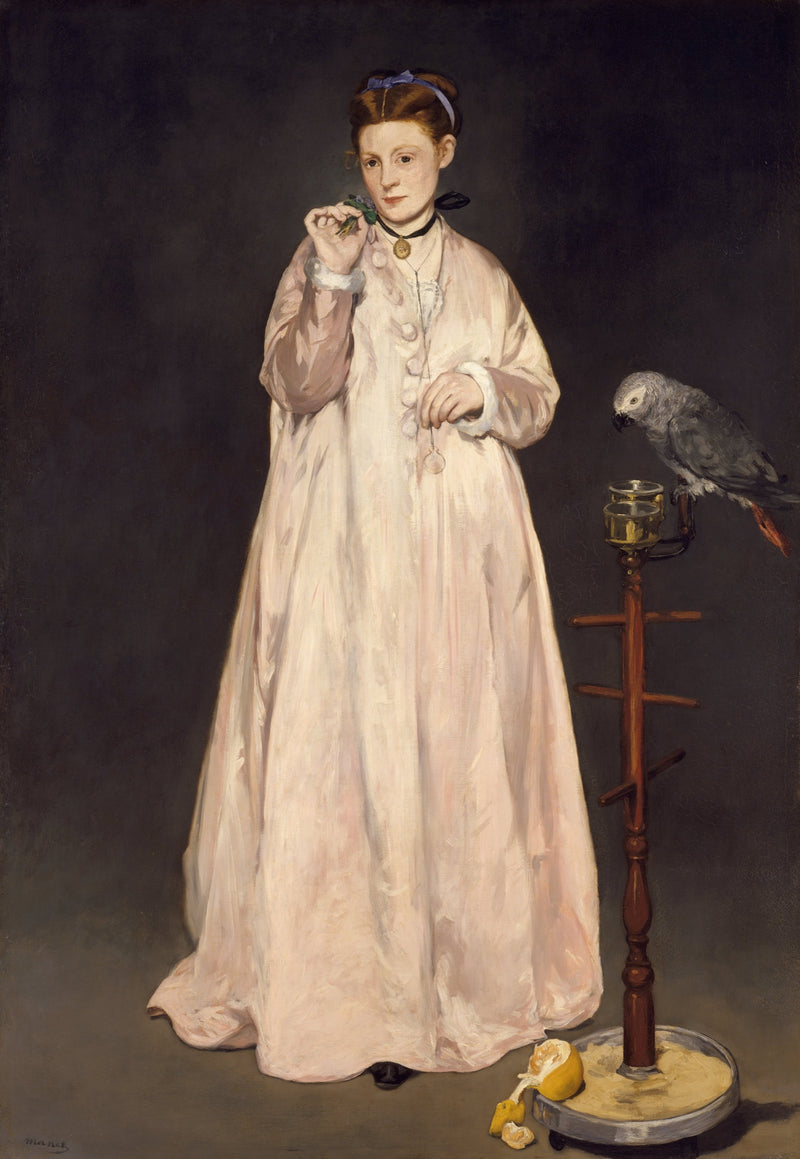 Young Lady in 1866 by Édouard Manet: a young woman in a long pink gown holding violets beside a grey parrot on a stand