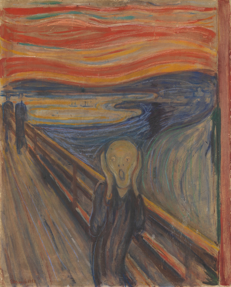 The Scream by Edvard Munch: a figure clutching its face on a bridge under a swirling red and orange sky above a blue fjord