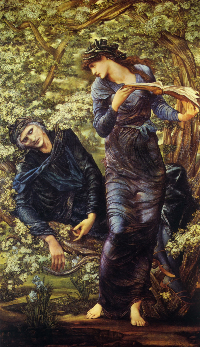 The Beguiling of Merlin by Burne-Jones: Nimue in a blue gown reads a book as Merlin lies trapped in a flowering hawthorn