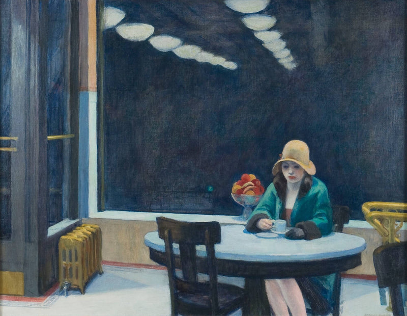 Automat by Edward Hopper: a young woman in a cloche hat and green coat sits alone at a round table with a cup of coffee