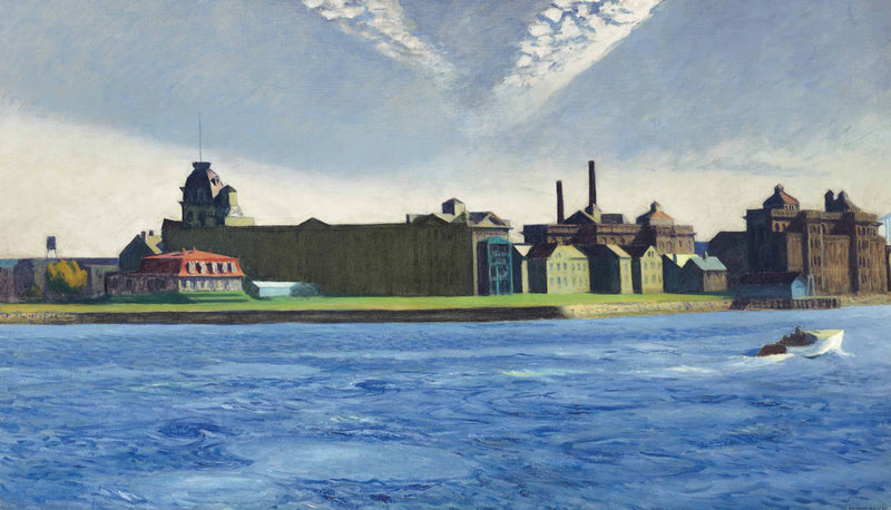 Blackwell’s Island by Edward Hopper: low buildings and chimneys on an island across wide blue water, a small boat at right