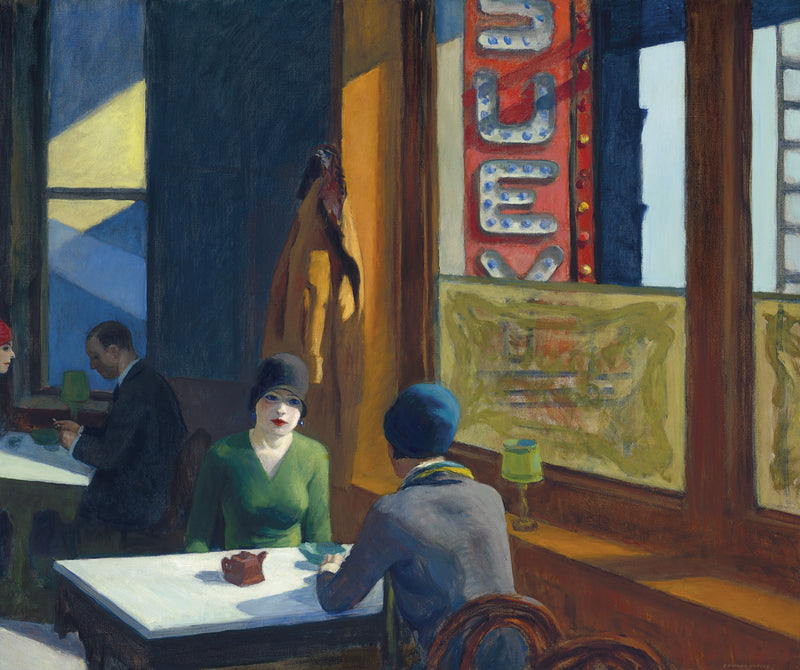 Chop Suey by Edward Hopper: two women in cloche hats at a restaurant table by a sunny window with a red Suey sign