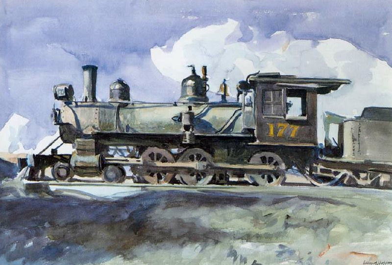 D. & R.G. Locomotive by Edward Hopper: a black steam locomotive in sunlight under white clouds, watercolour
