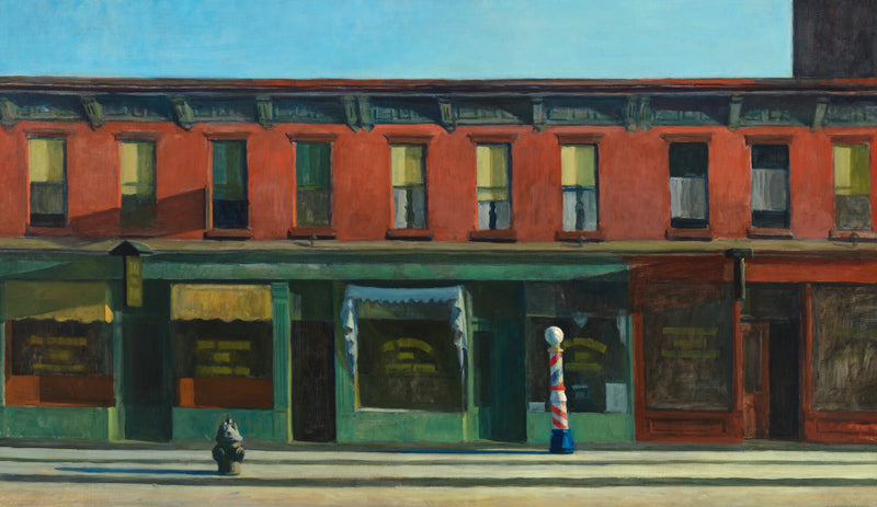 Early Sunday Morning by Edward Hopper: a row of red brick shops with green storefronts, a barber pole and a fire hydrant
