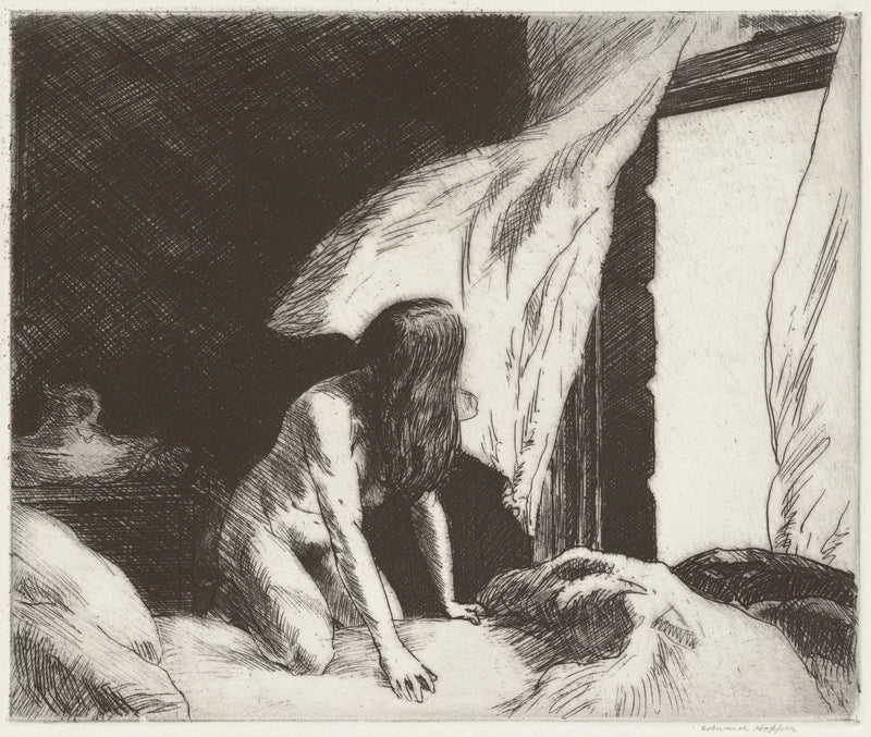 Evening Wind by Edward Hopper: a nude woman on a bed by a window as wind blows the curtain in, black-and-white etching