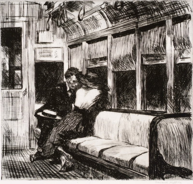 Night on the El Train by Edward Hopper: a man and a woman sit close together in an empty train car at night, etching
