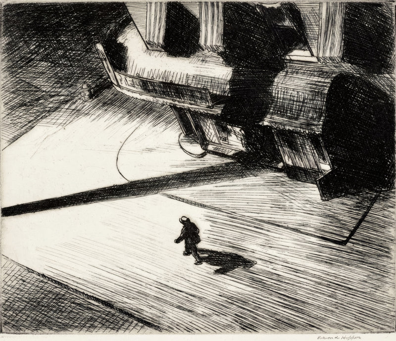 Night Shadows by Edward Hopper: a lone figure walks across a corner at night, seen from above, black-and-white etching