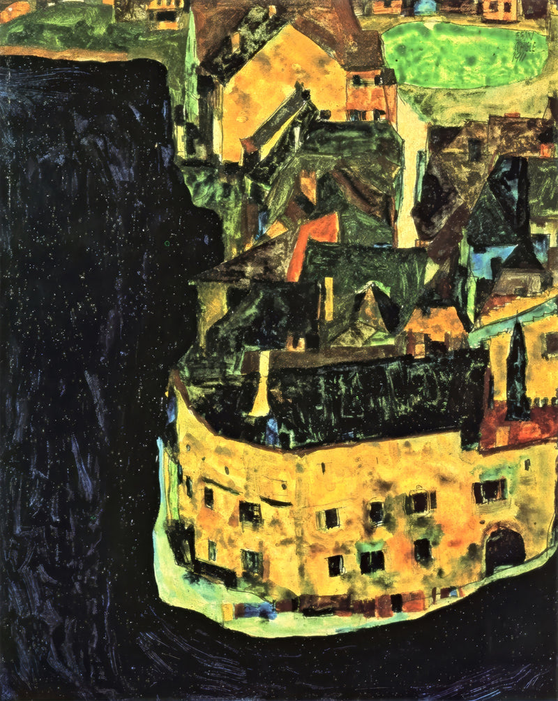City on the Blue River II by Egon Schiele: yellow and green houses crowded above a dark blue river at night