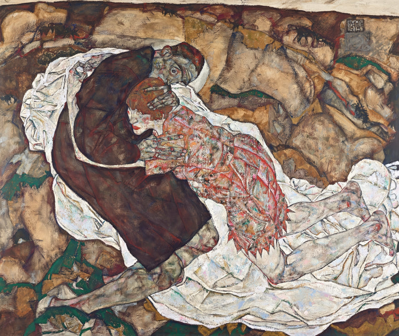 Death and the Maiden by Egon Schiele: a woman in a patterned dress embracing a man in a dark monk’s robe on a white sheet