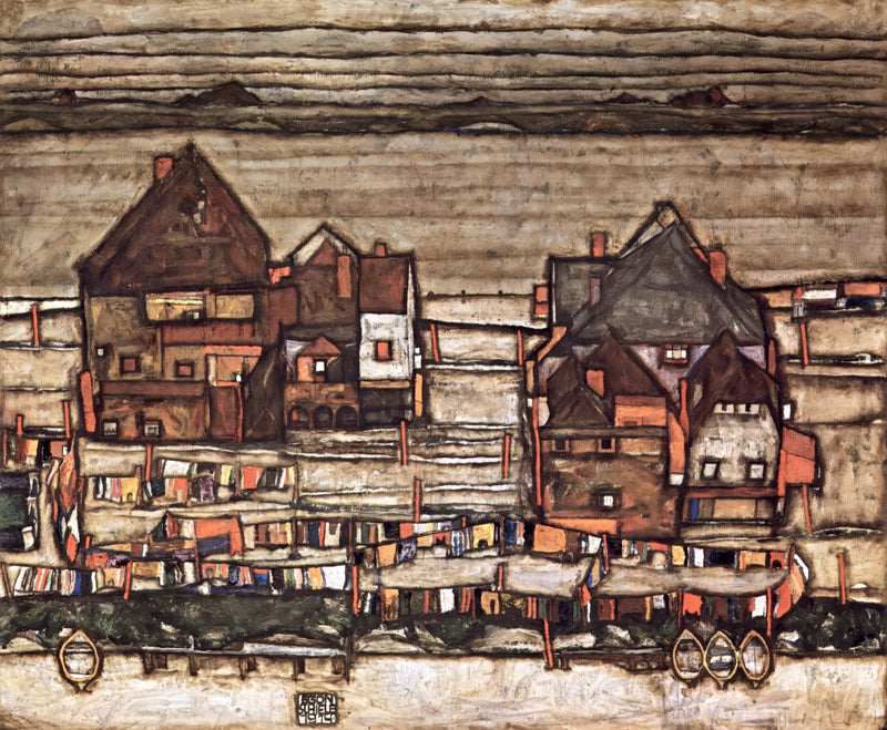 Houses with Colourful Laundry by Egon Schiele: dark houses above rows of colourful washing hung by a river, under a pale sky