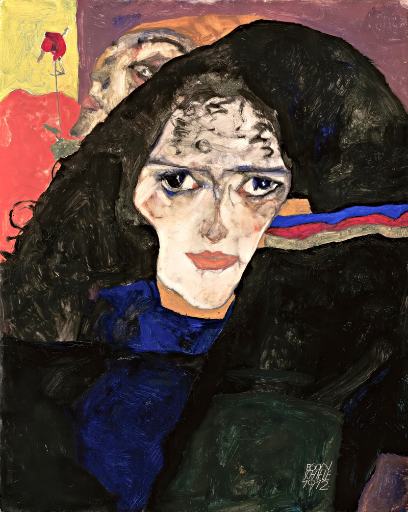 Mourning Woman by Egon Schiele: a pale woman with large eyes under a dark veil, a second red-haired face behind her