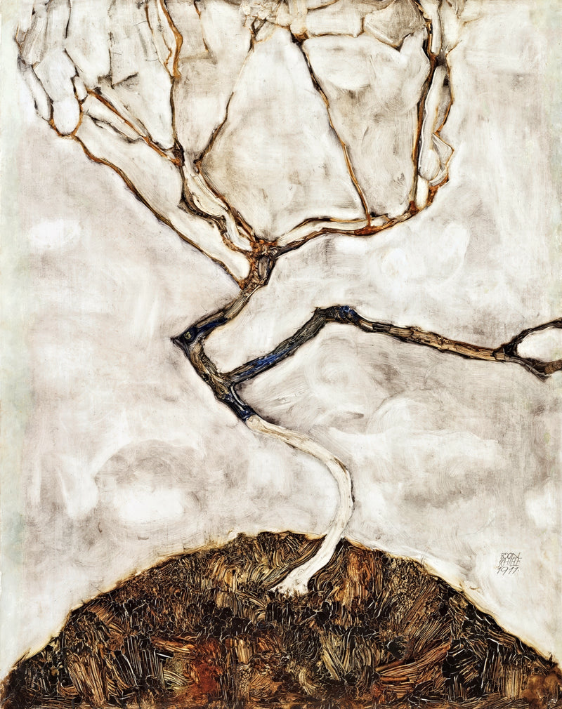 Small Tree in Late Autumn by Egon Schiele: a small bare tree with thin spreading branches on a dark hill, white sky