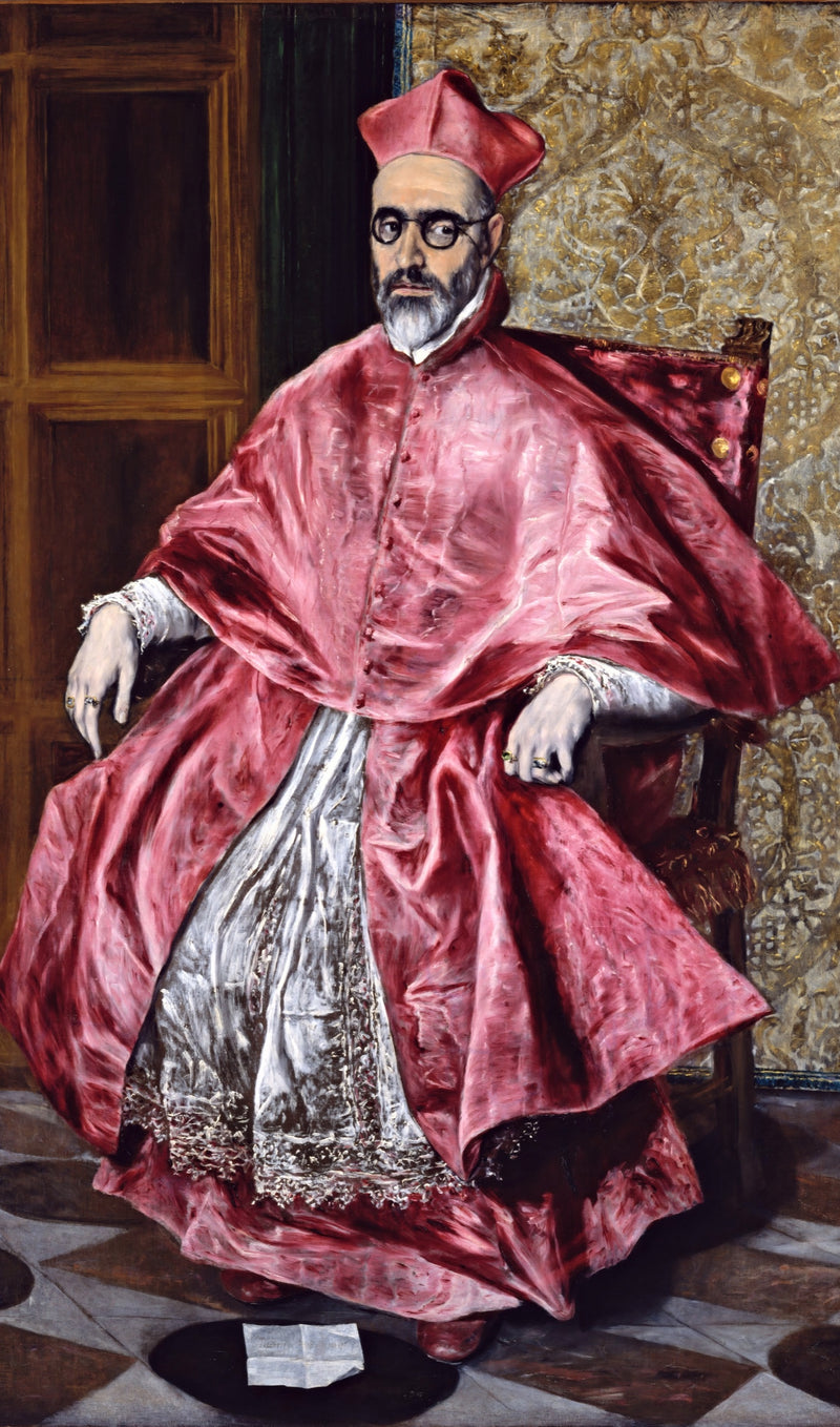 Cardinal Niño de Guevara by El Greco: a seated cardinal in crimson robes and round spectacles, a tiled floor