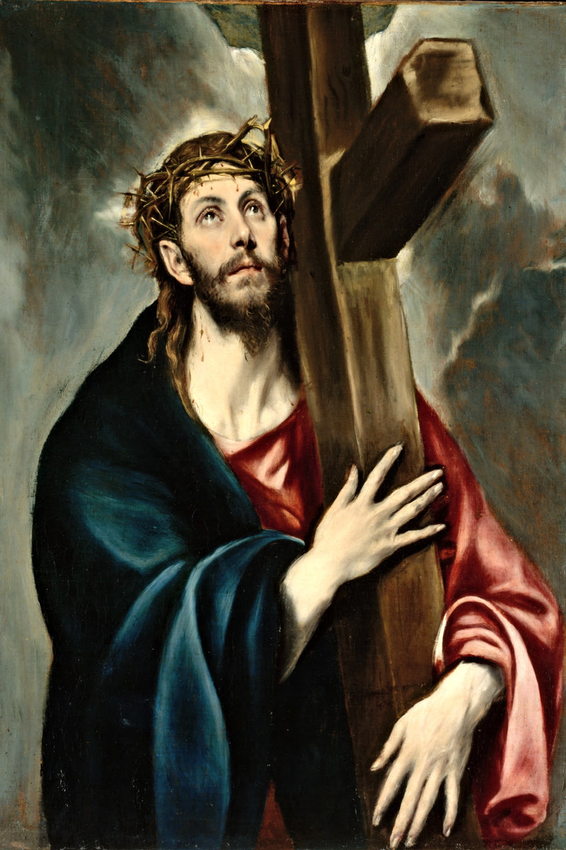 Christ Carrying the Cross by El Greco: Christ in a red robe and blue cloak embraces a wooden cross, eyes raised, stormy sky