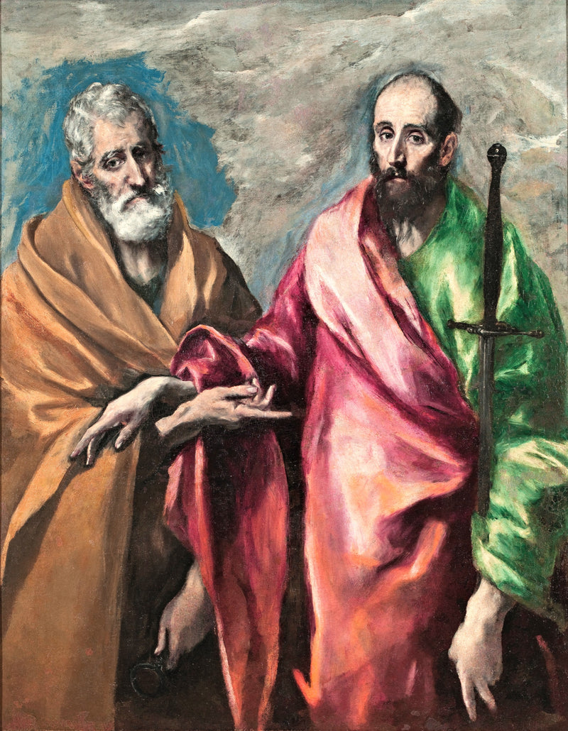Saint Peter and Saint Paul by El Greco: two bearded apostles in gold and rose robes, one holding keys, the other a sword