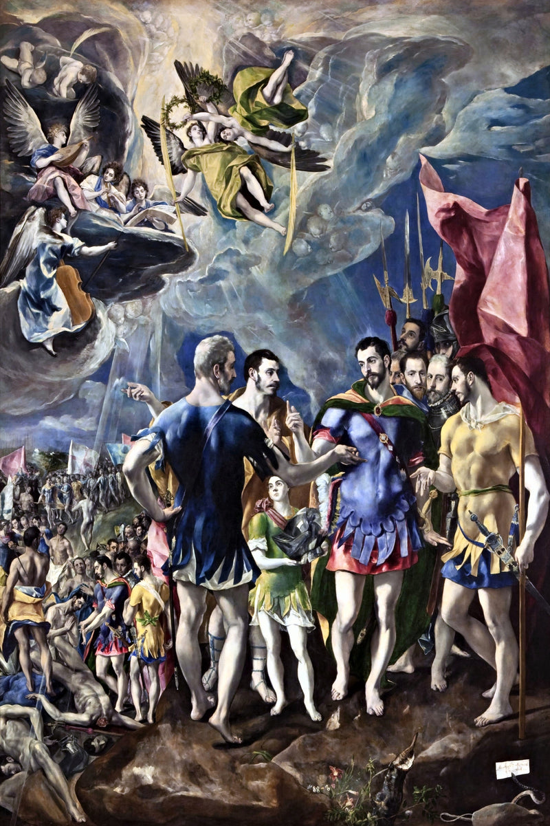The Martyrdom of Saint Maurice by El Greco: soldiers in blue and gold armour talk in a group, angels in the sky above